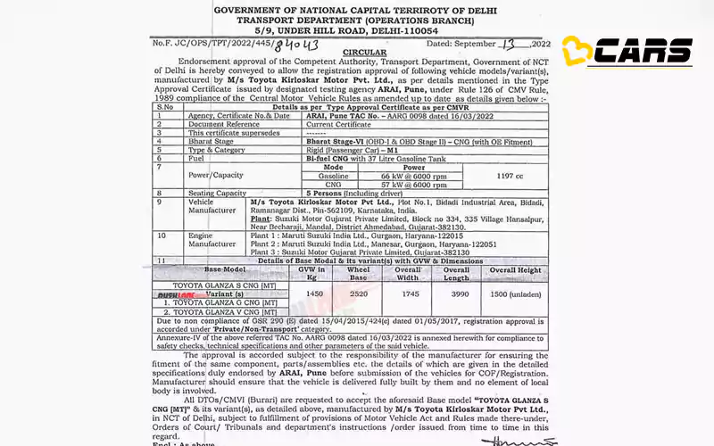 2022 Glanza CNG Specs